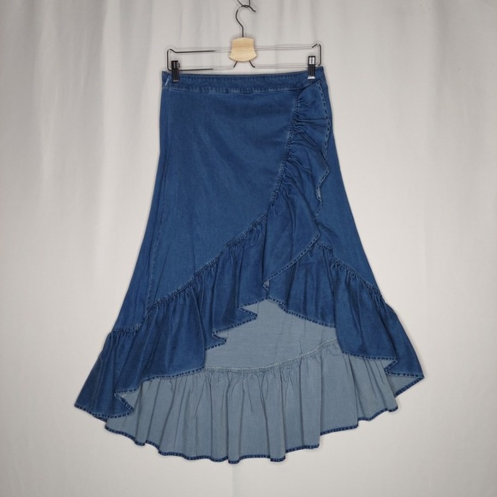 Mebon Machine Jean Skirt Jrs Large Midi Ruffle Asymmetric  Blue Zip Boho Coastal